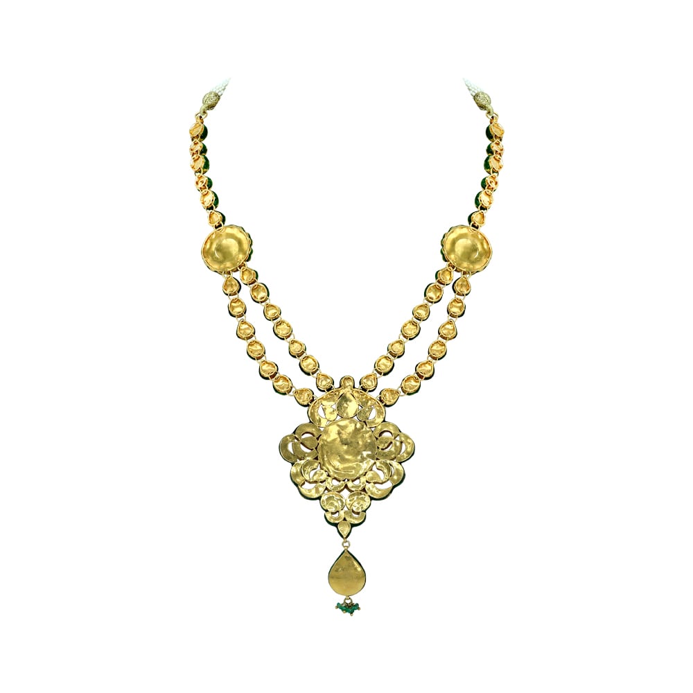 Double-String Polki Necklace with Enamel Flowers and Rhodolite